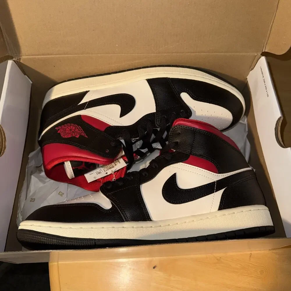 Size 11.5w or 10 Mens- Air Jordan 1 Mid Black Sail Gym Red